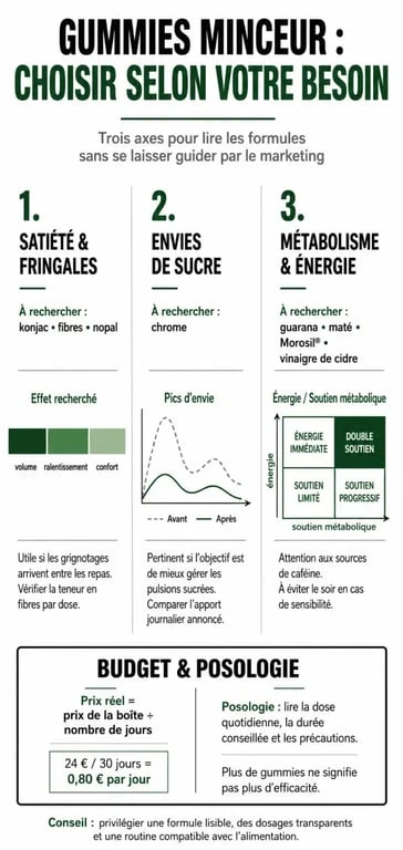 Infographie sur le meilleur gummies perte de poids selon les besoins : satiété, envies de sucre et budget