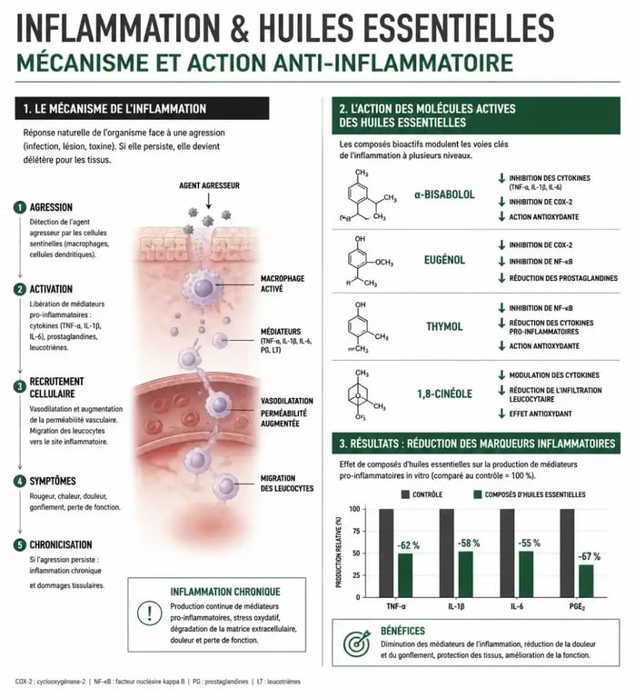 Infographie sur le mécanisme de l'inflammation et les propriétés des huiles essentielles anti inflammatoire