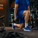 Exercice jambe : fente arrière, genou aligné en salle