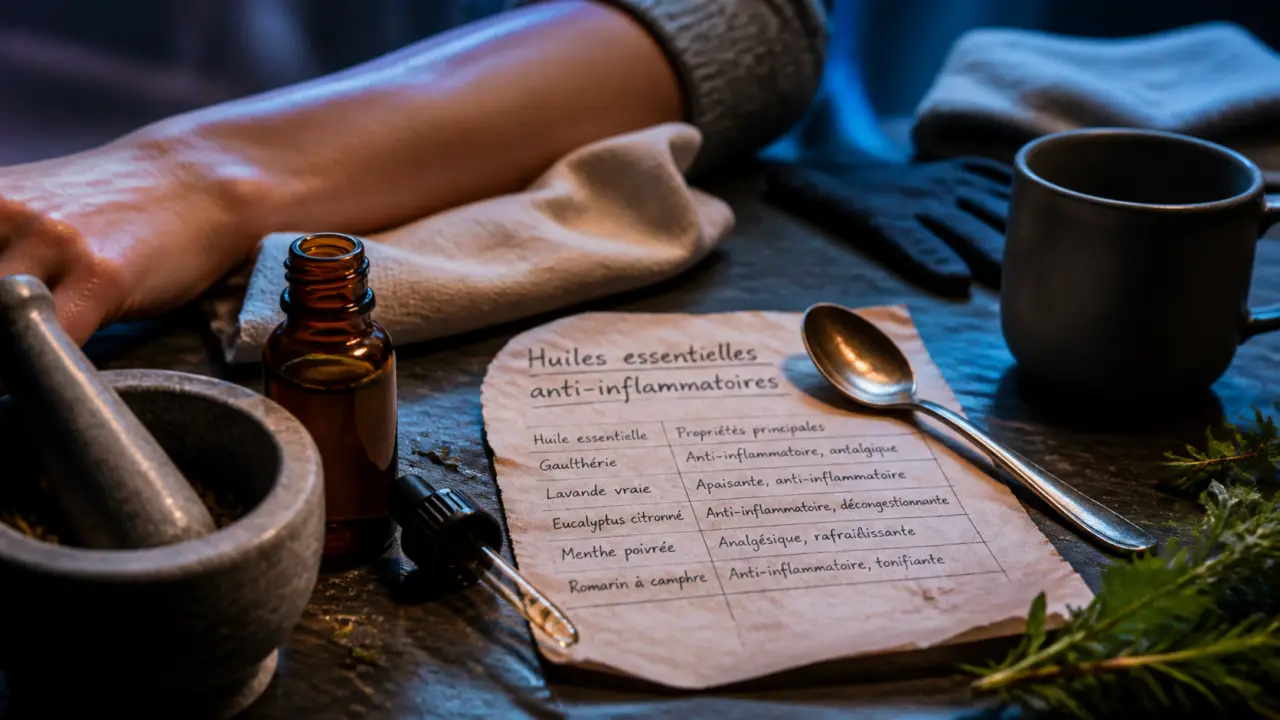 Huiles essentielles anti inflammatoire : fiole et mortier pour soulager les douleurs