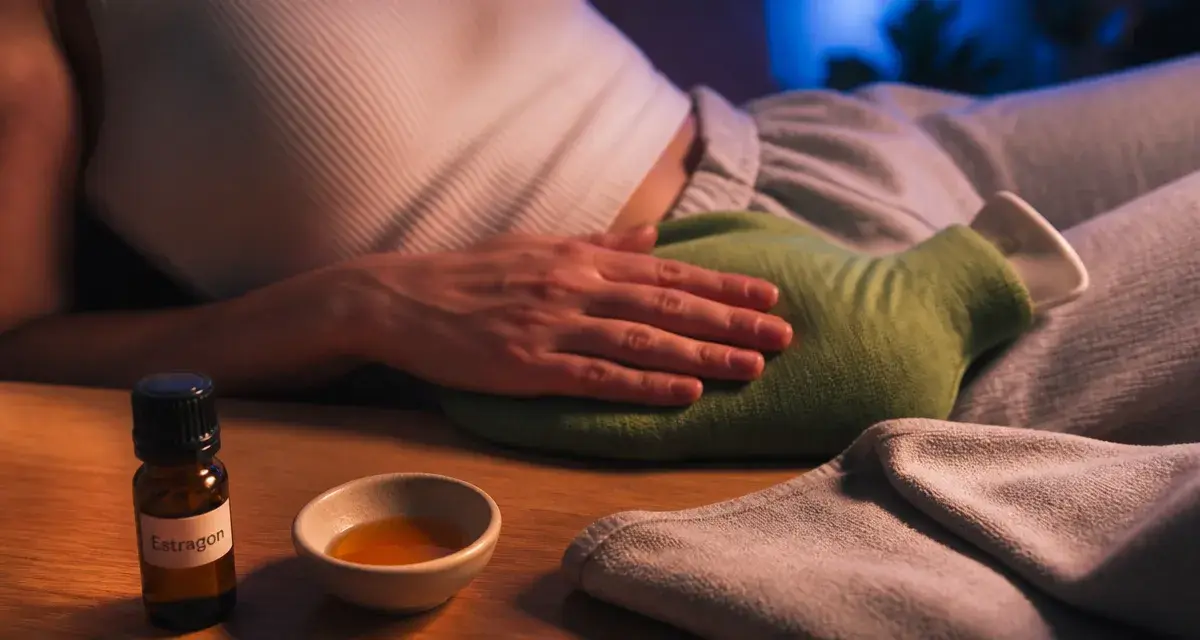 Huiles essentielles et règles douloureuses : femme au bas-ventre avec huile à diluer