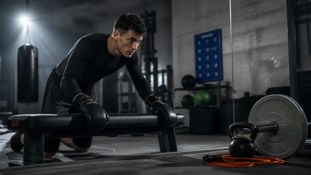 Musculation boxe en salle : boxeur au banc, frappe puissante sans masse