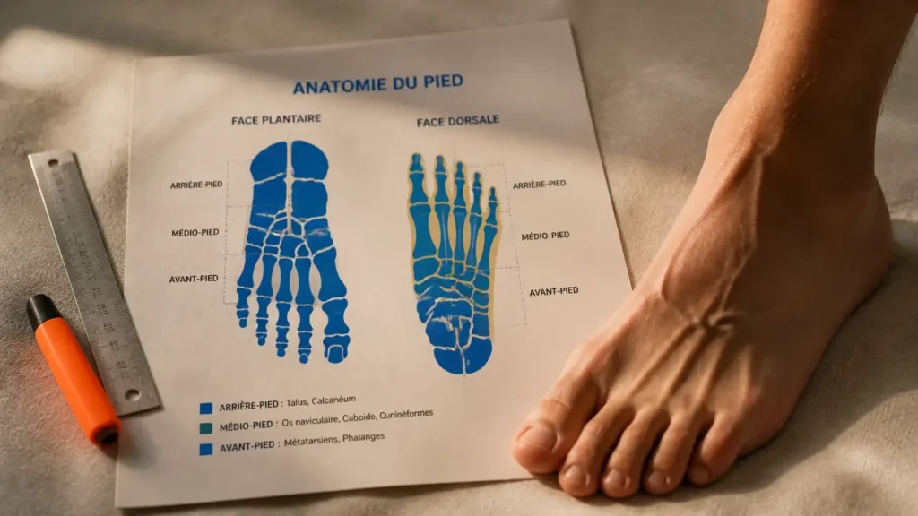 Nom zone du pied : arrière-pied, médio-pied, avant-pied (plante et dos)