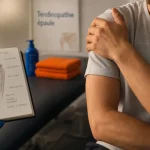 tendinite épaule ostéopathe : kinésithérapie, schéma coiffe des rotateurs, main sur carnet