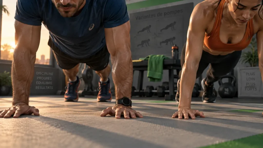 Différentes pompe : homme et femme font des pompes gainées sur tapis