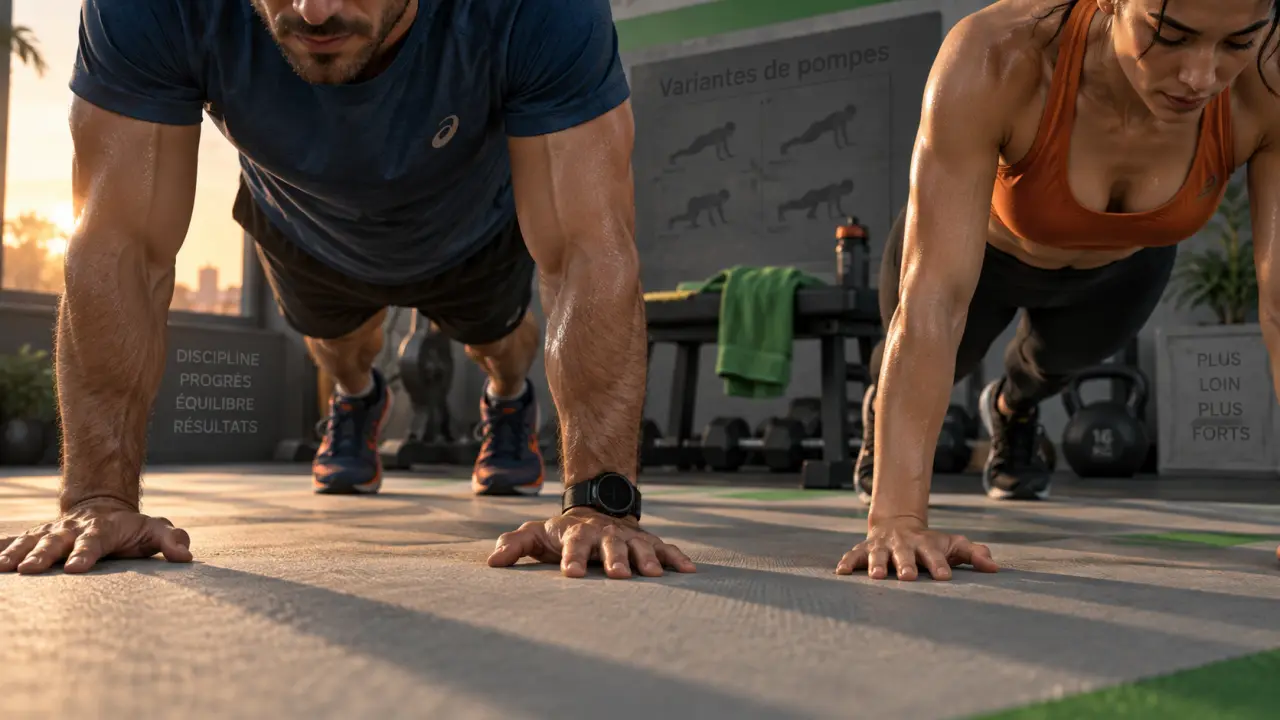 Différentes pompe : homme et femme font des pompes gainées sur tapis