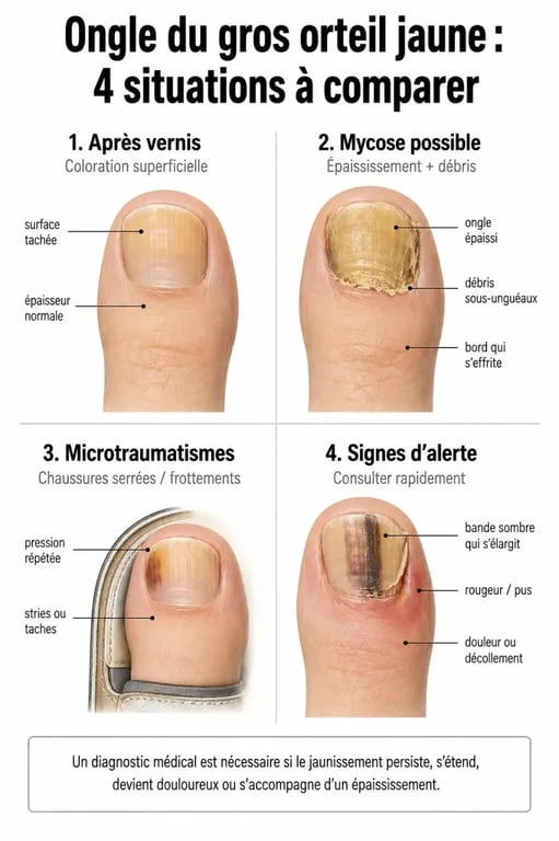 Infographie sur l’ongle gros orteil qui jaunit : causes possibles et signes d’alerte