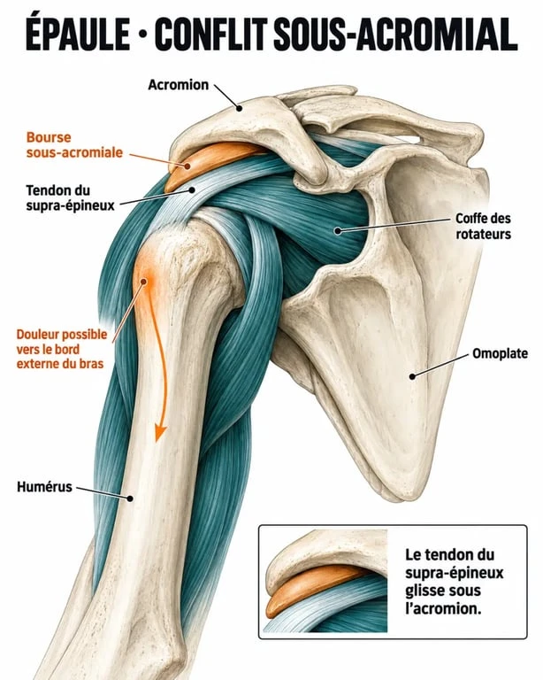 Schéma anatomique d’une tendinite épaule bras montrant la coiffe des rotateurs et le tendon du supra-épineux