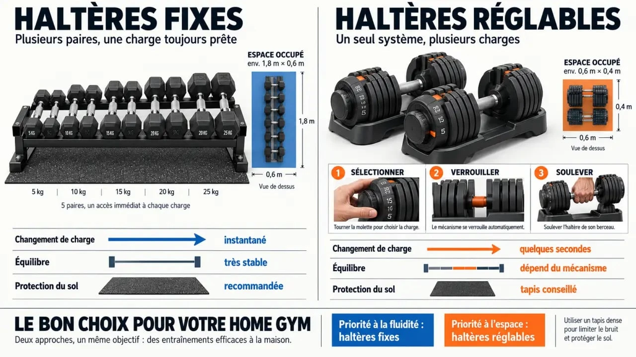 Poids haltères fixes ou réglables pour optimiser un espace de musculation à domicile