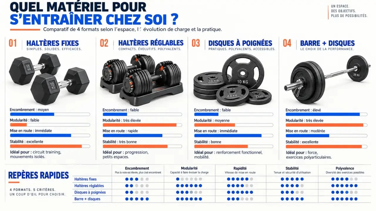 Comparatif des poids haltères fixes, réglables, disques et barre pour la musculation à domicile