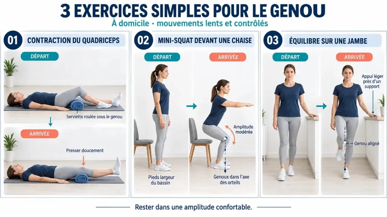 Exercices genou à domicile : contraction du quadriceps, mini-squat et travail de l'équilibre