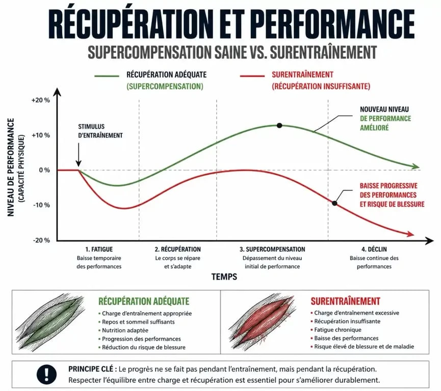 Infographie sur le surentraînement en musculation comparant la supercompensation et l'épuisement