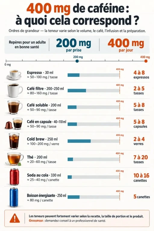 Infographie montrant à quoi correspondent 400 mg de caféine selon les boissons