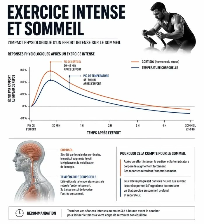 Infographie expliquant les causes physiologiques de l'insomnie après sport intensif