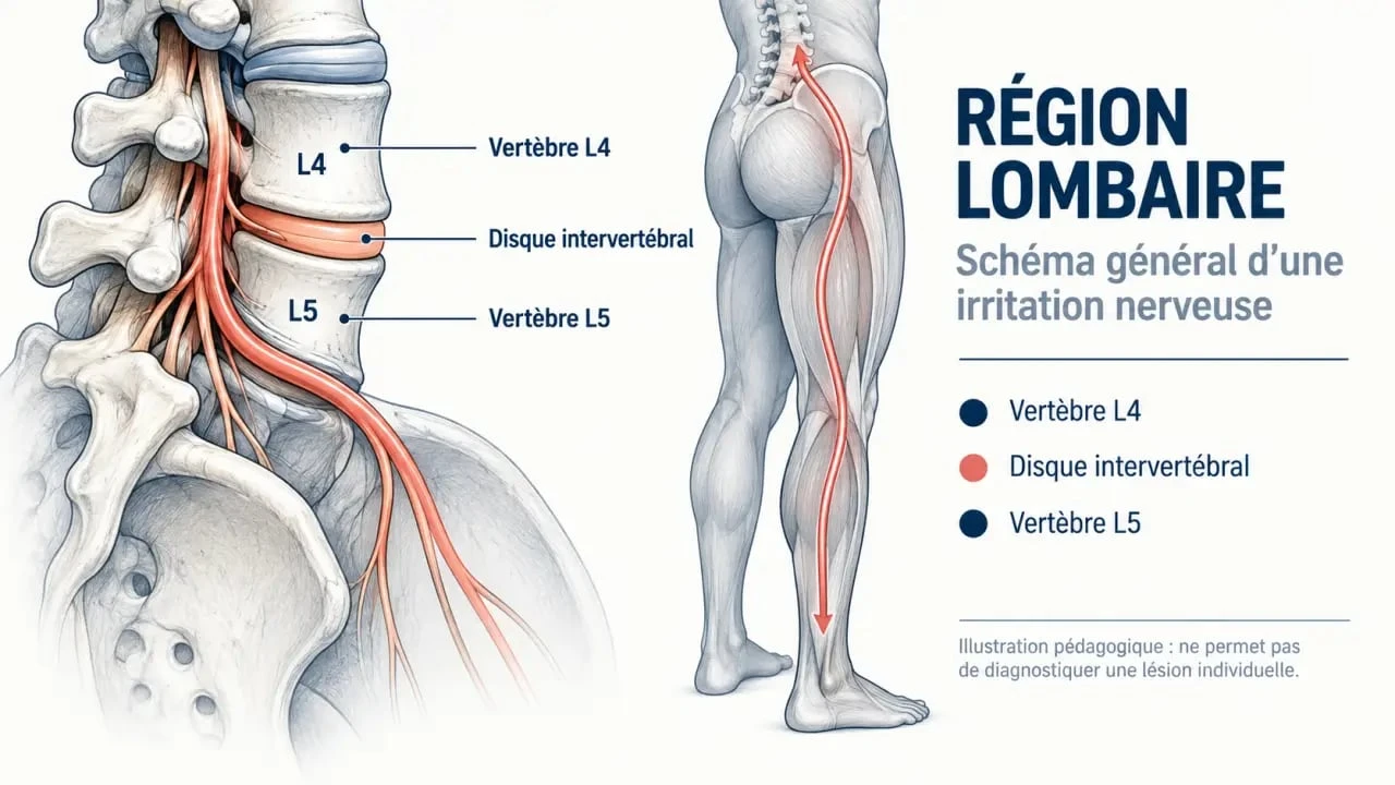 Schéma de la hernie discale L4-L5 et du trajet possible de la douleur sciatique