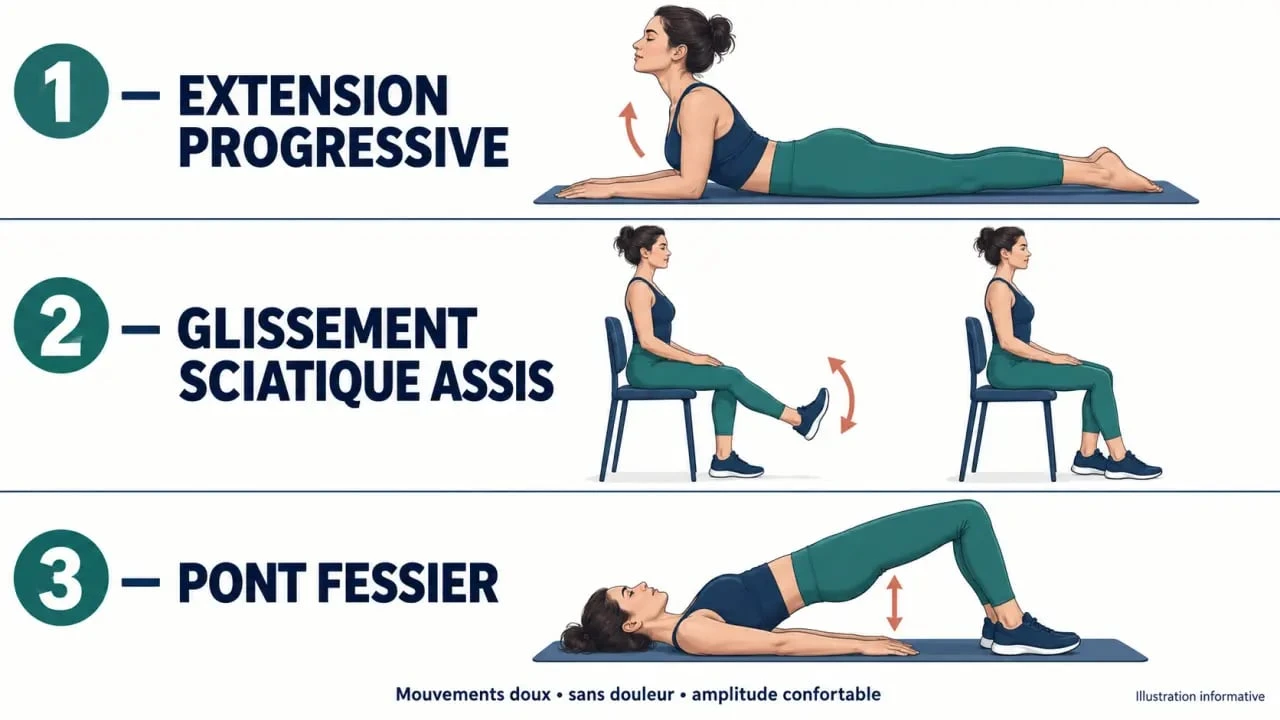 Exercices pour hernie discale L4-L5 : extension douce, glissement du nerf sciatique et pont fessier