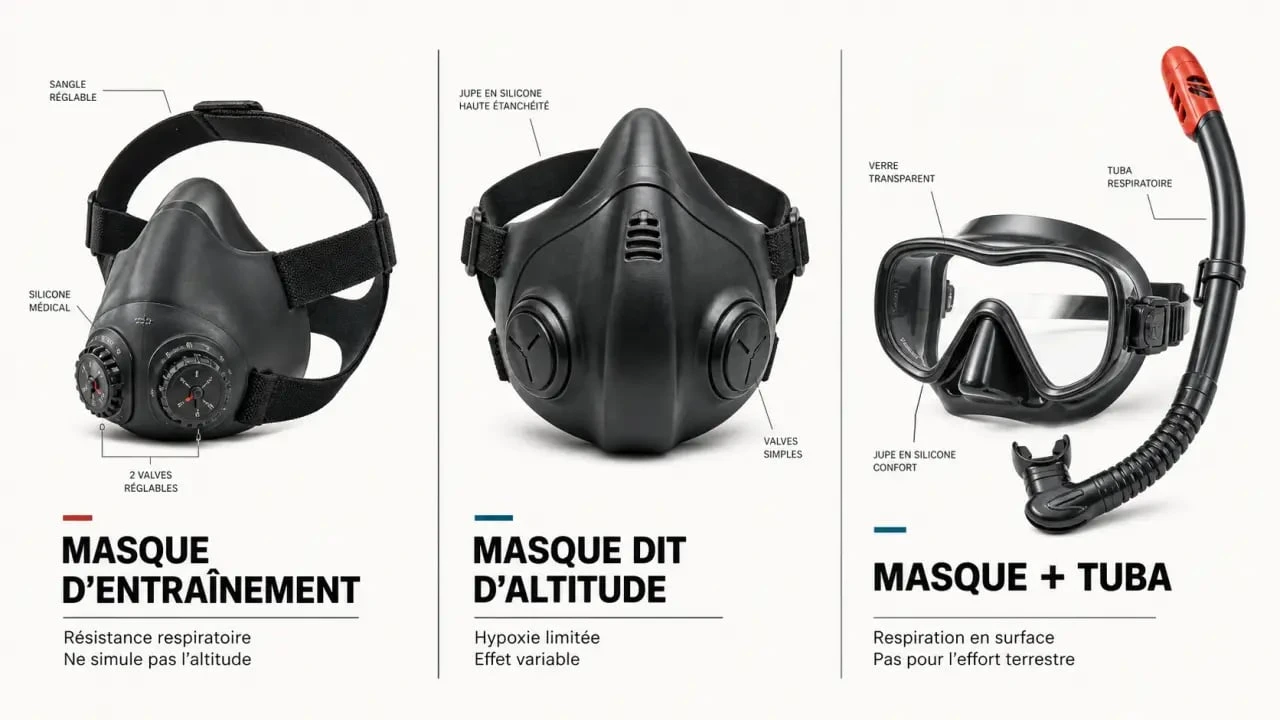 Comparatif masque oxygene sport entre masque d'entraînement, masque d'altitude et masque de plongée