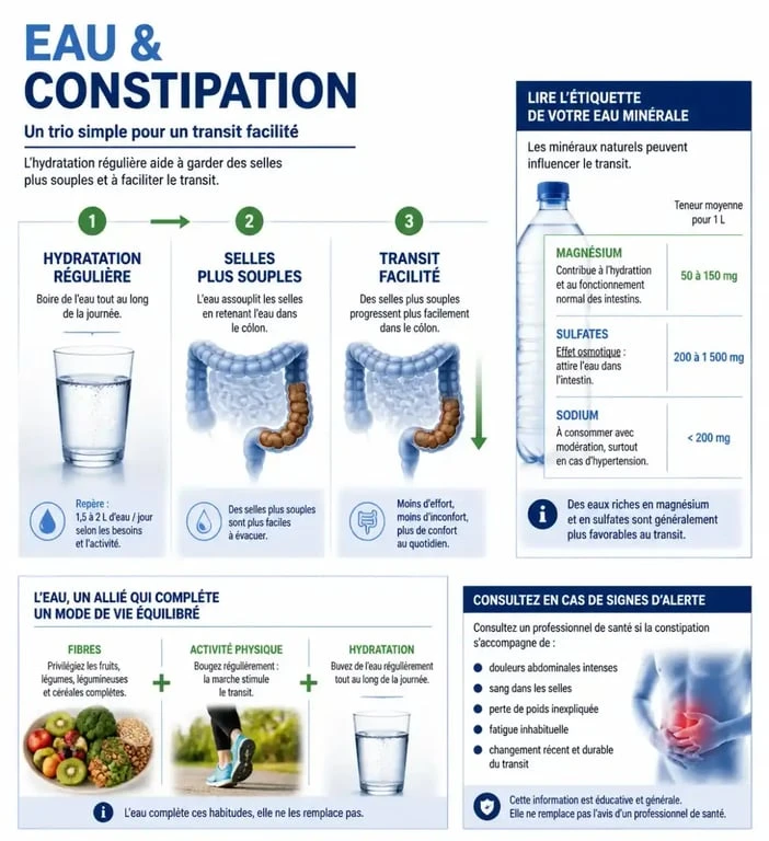 Infographie sur l’eau et la constipation, le magnésium, les sulfates et l’hydratation