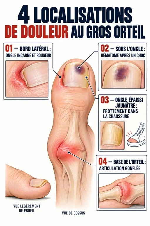 Schéma des causes possibles d’une douleur ongle gros orteil selon sa localisation