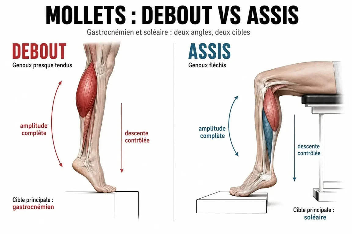 Mollets exercices : schéma des exercices debout et assis pour cibler gastrocnémien et soléaire