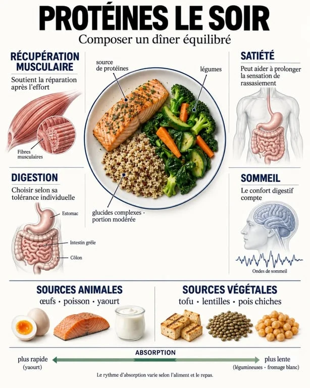 Infographie sur les protéines le soir, la récupération, la satiété, la digestion et le sommeil