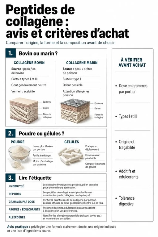 Infographie peptide de collagene avis : bovin ou marin, poudre ou gélules, critères à vérifier avant achat