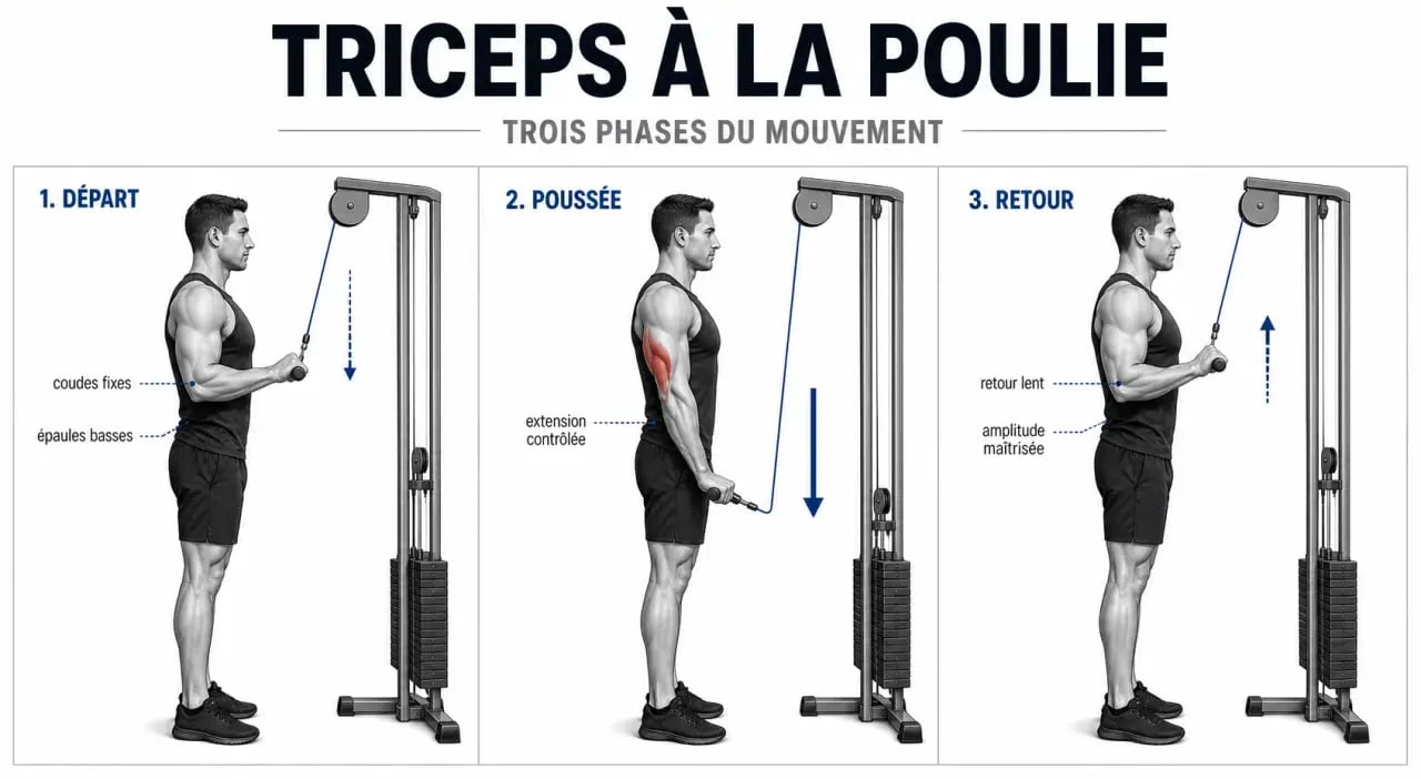 Triceps poulie : schéma des étapes d’exécution avec coudes stables et amplitude contrôlée