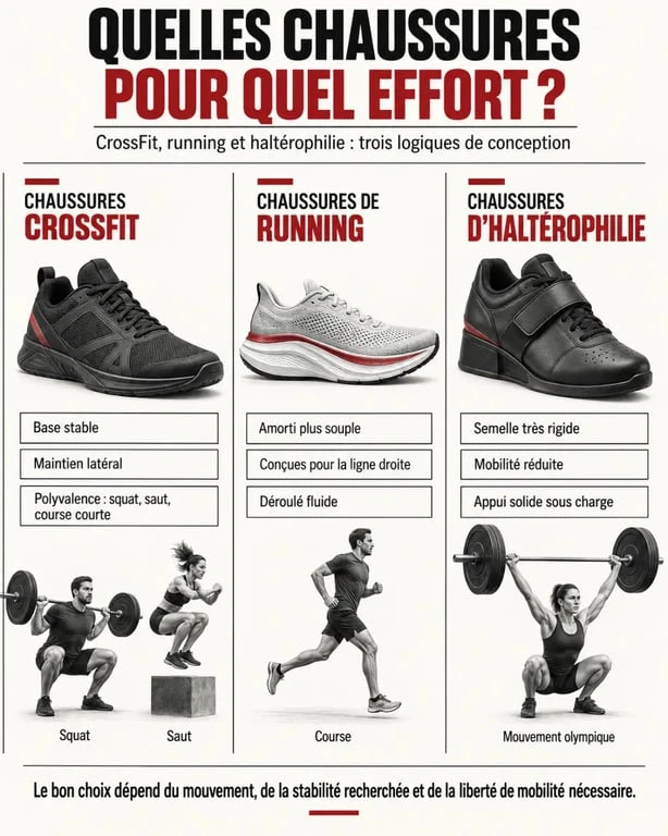 Chaussures crossfit comparées aux chaussures de running et d’haltérophilie selon la stabilité et la mobilité