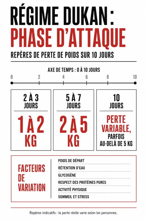 phase d attaque 10 jours combien de kilos perdus : infographie des pertes typiques et des facteurs qui font varier la balance