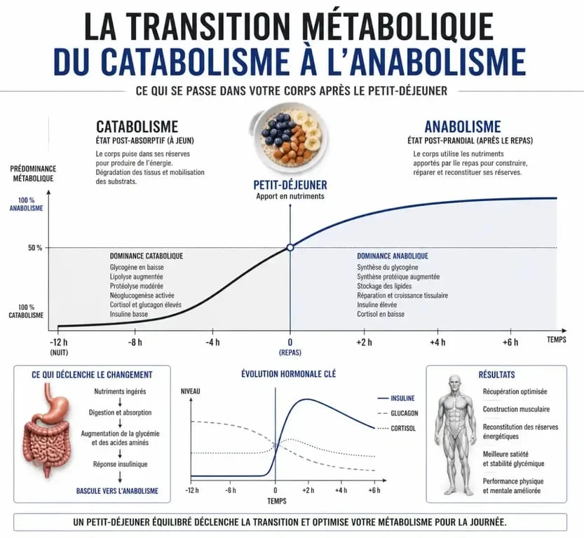 Transition métabolique du catabolisme à l'anabolisme après le petit déjeuner musculation