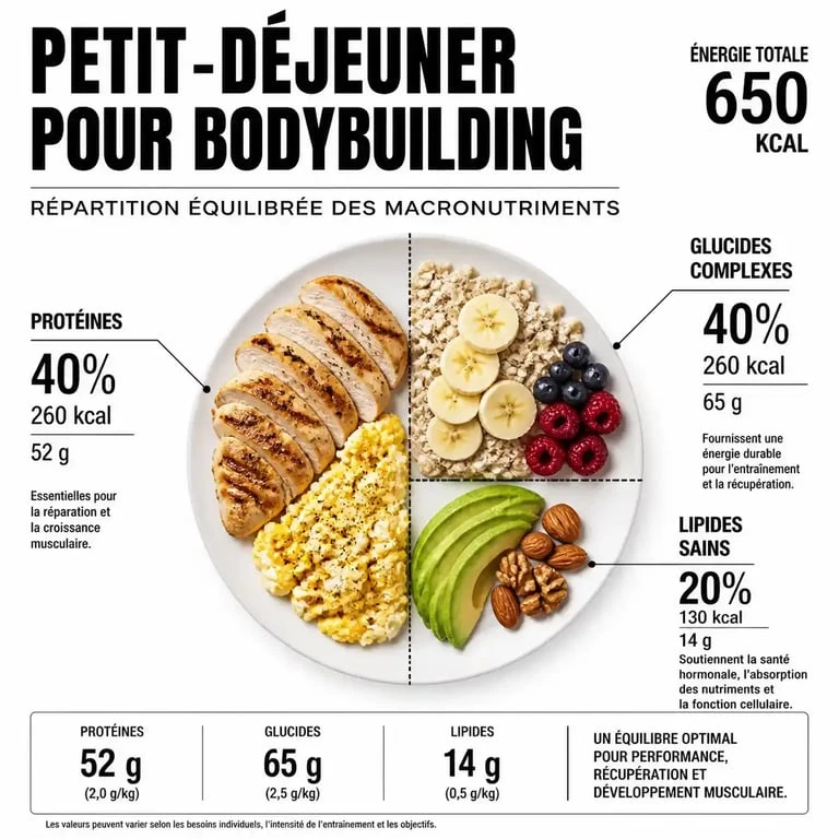 Infographie des macronutriments pour un petit déjeuner musculation équilibré