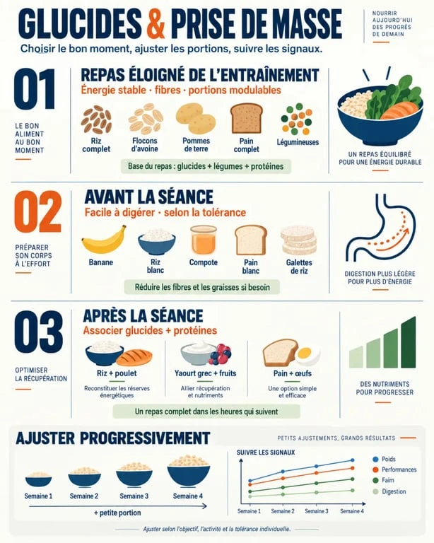 Infographie sur les glucides en prise de masse avant et après l'entraînement