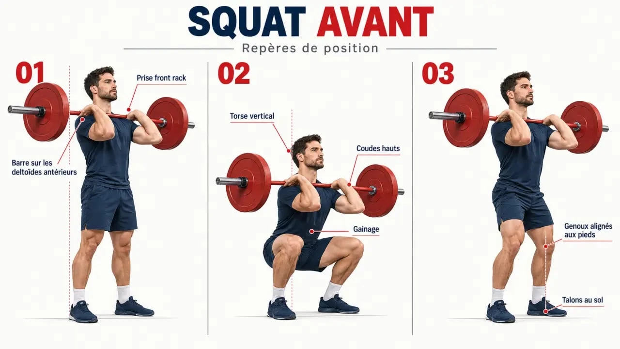 Illustration pédagogique du squat avant avec placement de la barre, coudes hauts et posture correcte