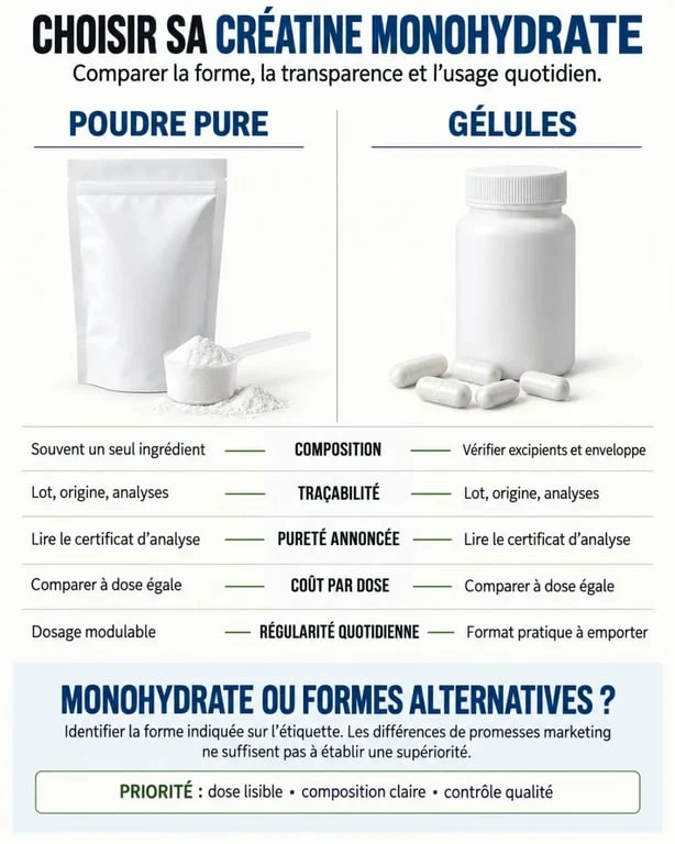 Meilleur creatine : infographie comparative de la créatine monohydrate, de la poudre et des gélules
