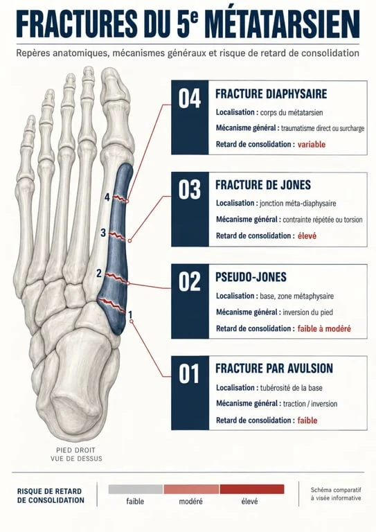 Comparaison des types de fracture du 5ème métatarsien au pied, dont fracture par avulsion, pseudo-Jones et fracture de Jones