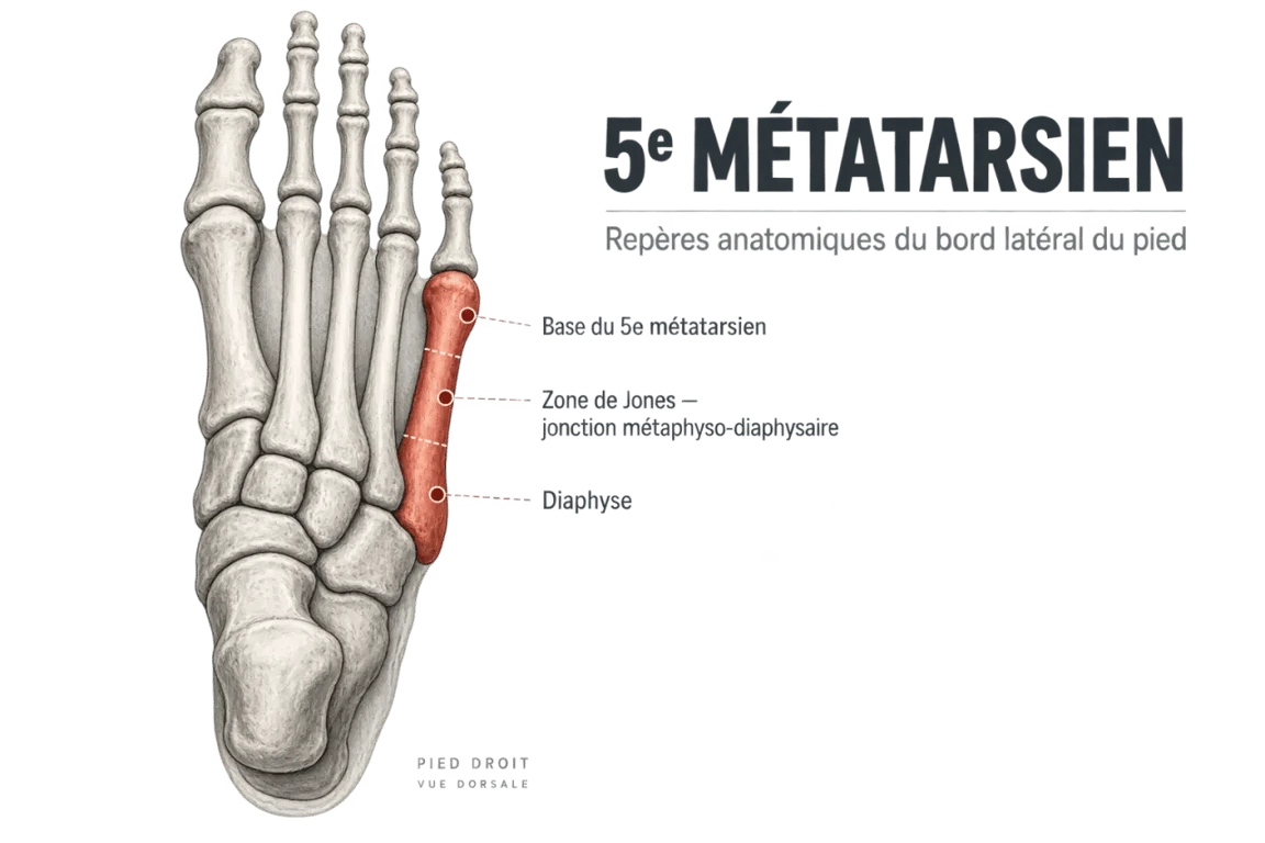 Schéma anatomique d’une fracture du 5ème métatarsien au pied montrant la base, la zone de Jones et la diaphyse
