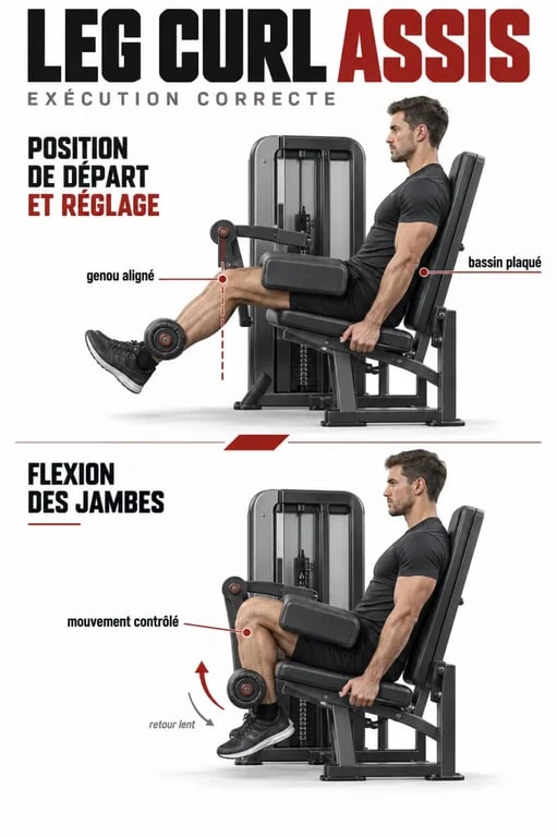 Illustration des réglages et de l’exécution du leg curl assis