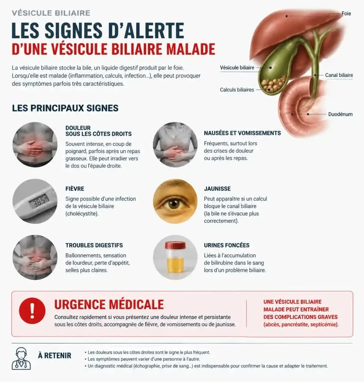 Infographie des signes d'alerte et symptômes d'une vésicule biliaire malade
