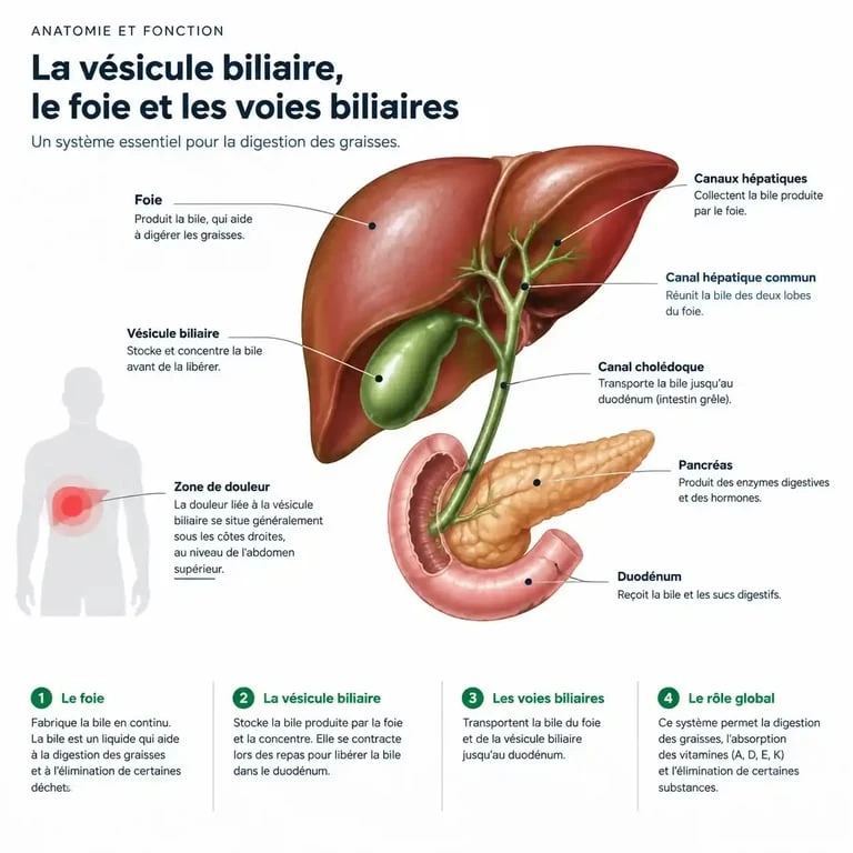 Schéma anatomique de la vésicule biliaire et zone de douleur associée aux symptômes de vésicule malade