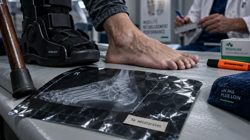 fracture du 5ème métatarse au pied, zone de Jones, sans appui 6 à 8 semaines