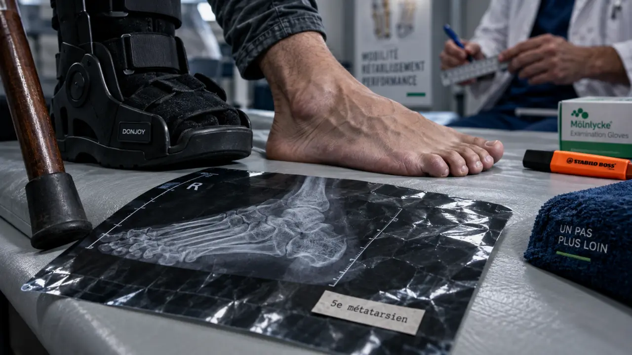 fracture du 5ème métatarse au pied, zone de Jones, sans appui 6 à 8 semaines