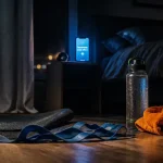 Insomnie après sport intensif : tapis et écran de téléphone en chambre sombre