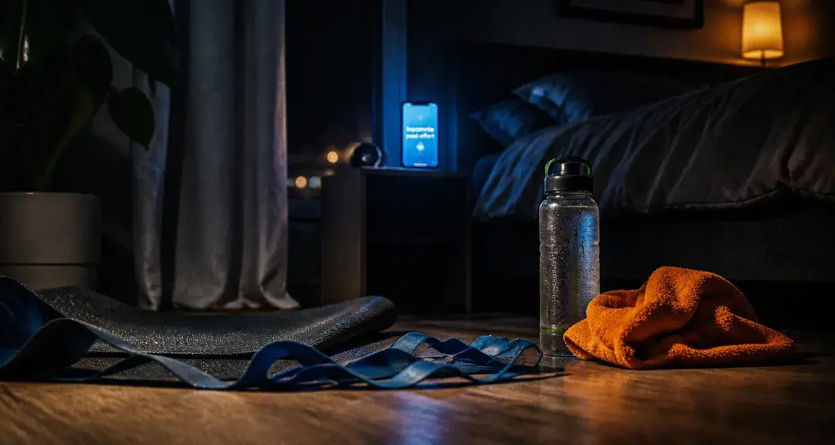 Insomnie après sport intensif : tapis et écran de téléphone en chambre sombre
