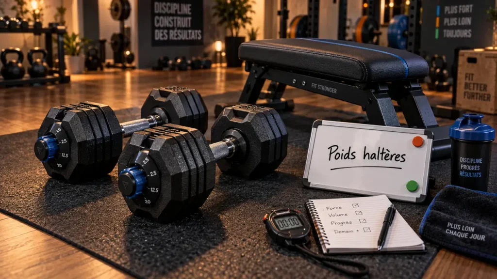 Poids haltères dans un home gym compact avec banc et haltères hexagonaux réglables