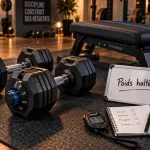 Poids haltères dans un home gym compact avec banc et haltères hexagonaux réglables