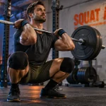 Squat avant avec coudes hauts sur la barre