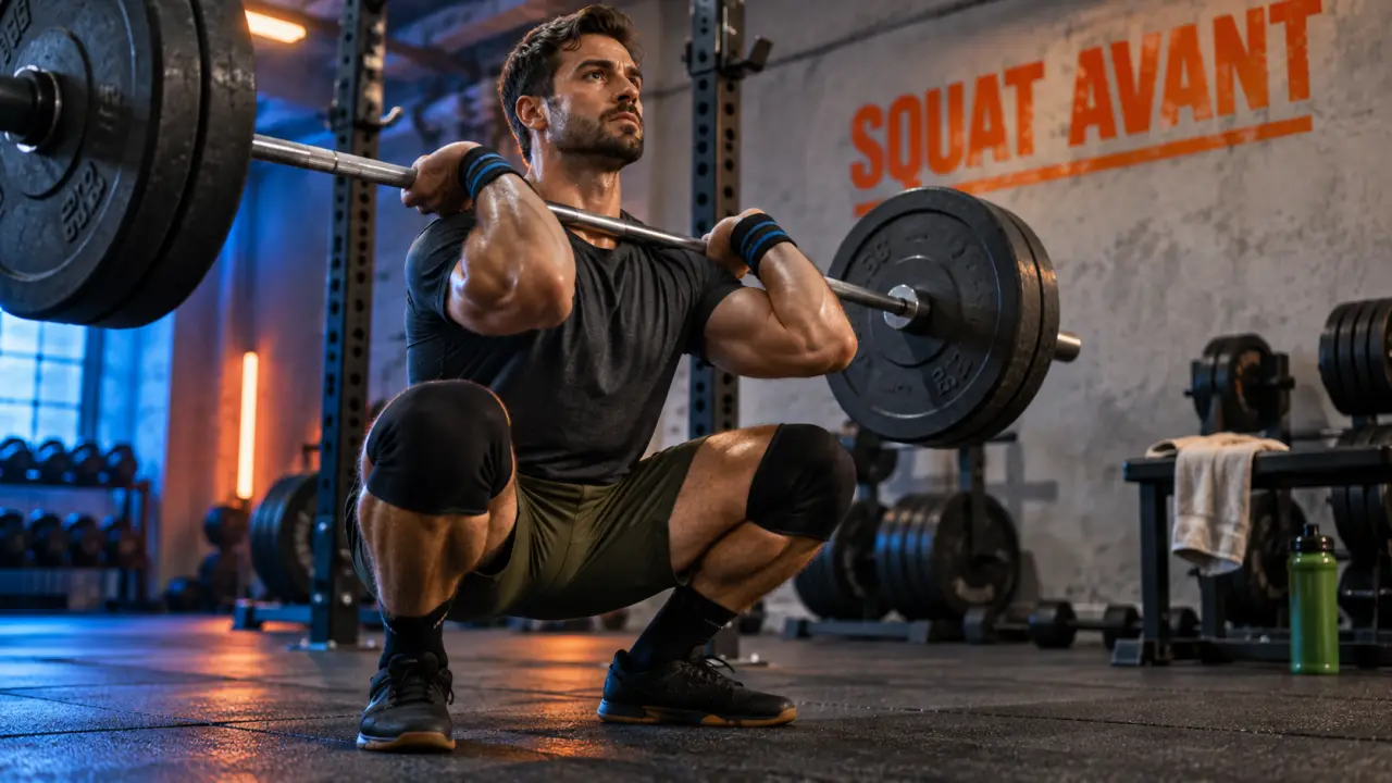 Squat avant avec coudes hauts sur la barre