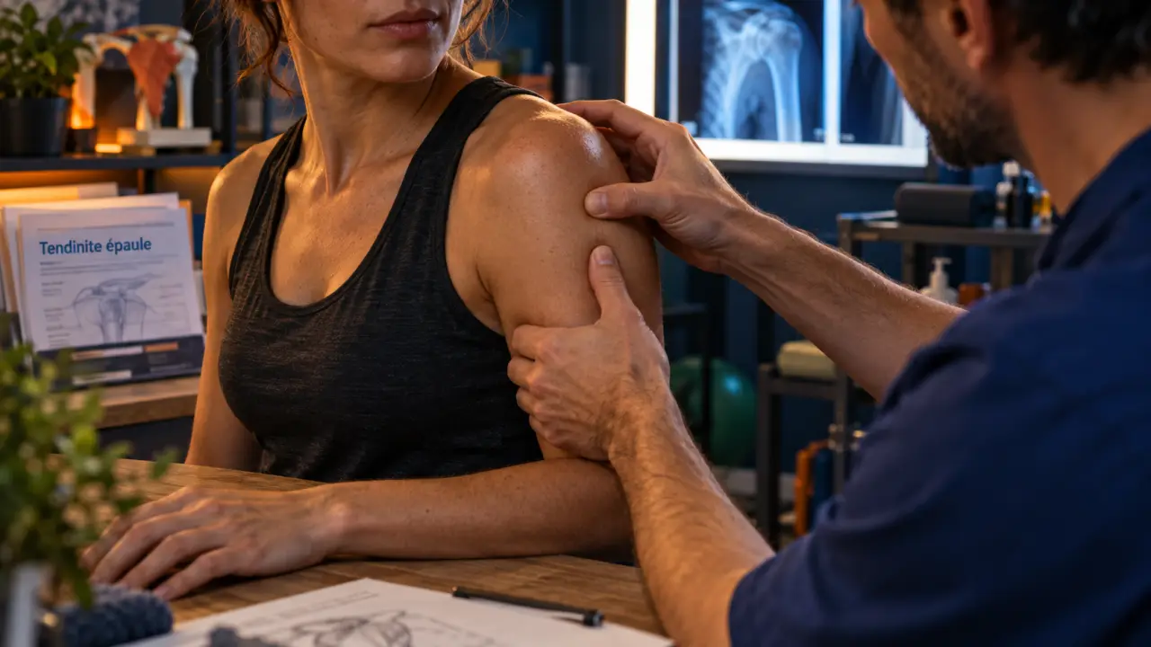 Tendinite épaule bras : kinésithérapeute examine l’épaule