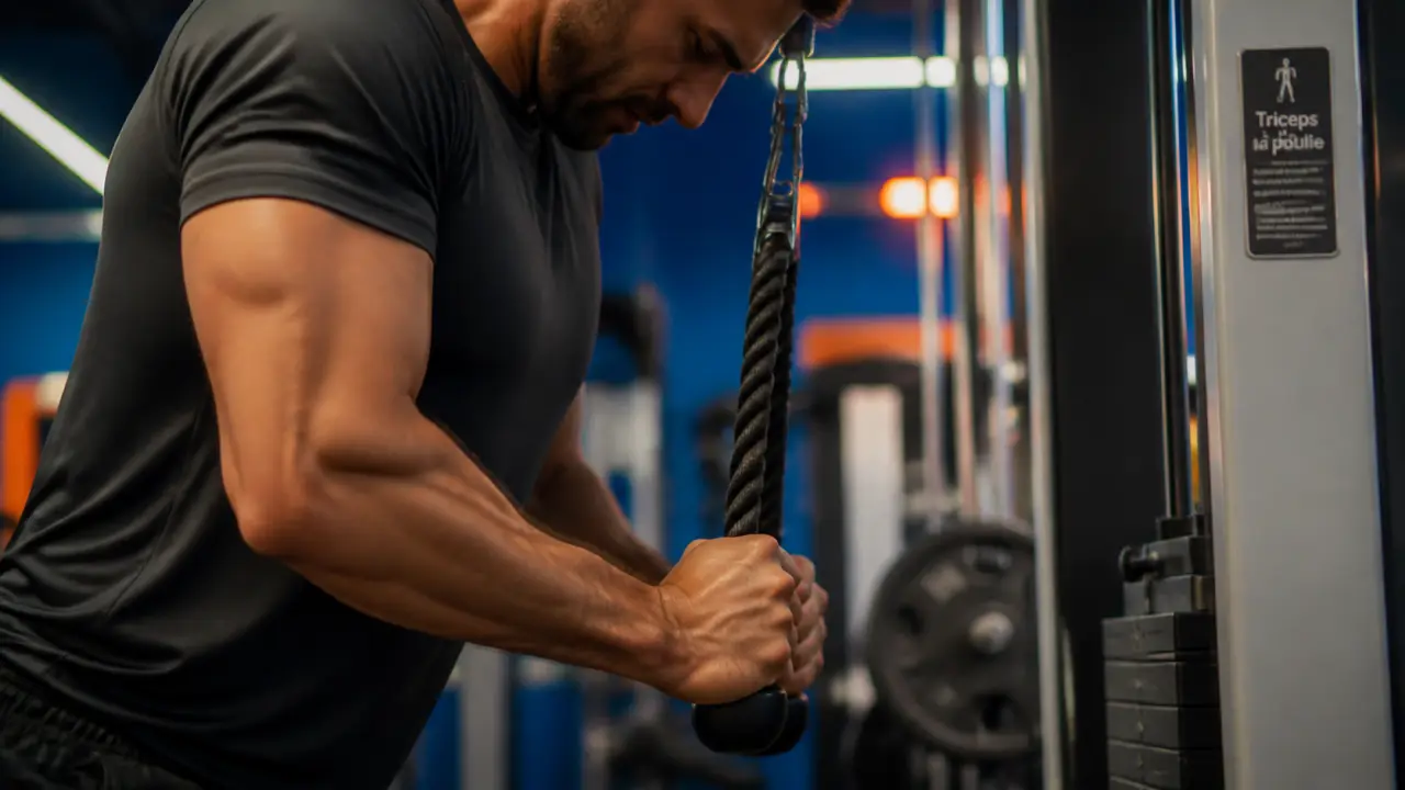 Triceps poulie, coudes fixes, prise adaptée