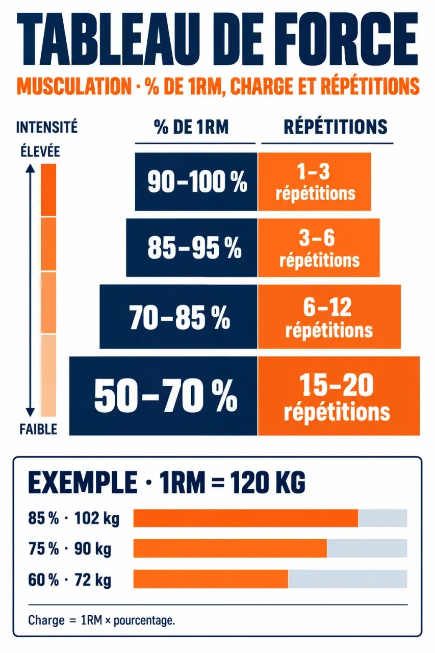 Infographie du tableau de force musculation avec pourcentages de 1RM et répétitions